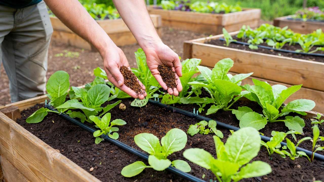 Gardener applying organic kelp meal and biochar to raised vegetable bed soil