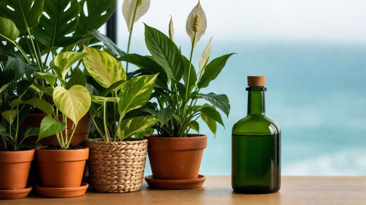 Bottle of liquid seaweed fertilizer displayed with lush healthy indoor houseplants like monstera and pothos