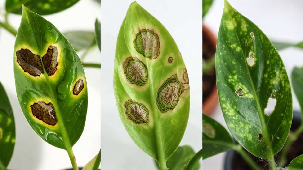 Comparison of bacterial leaf spot, fungal leaf spot, and pest damage on houseplant leaves