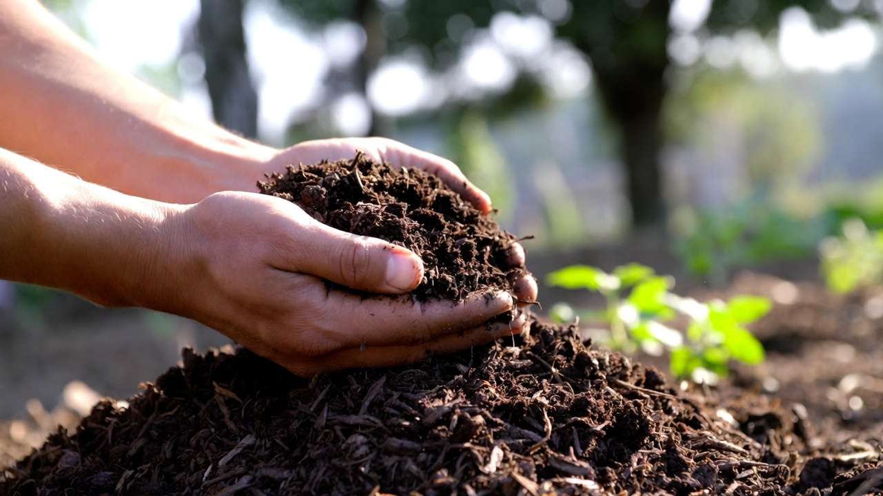 Hands holding dark crumbly mature compost ready for use in gardening