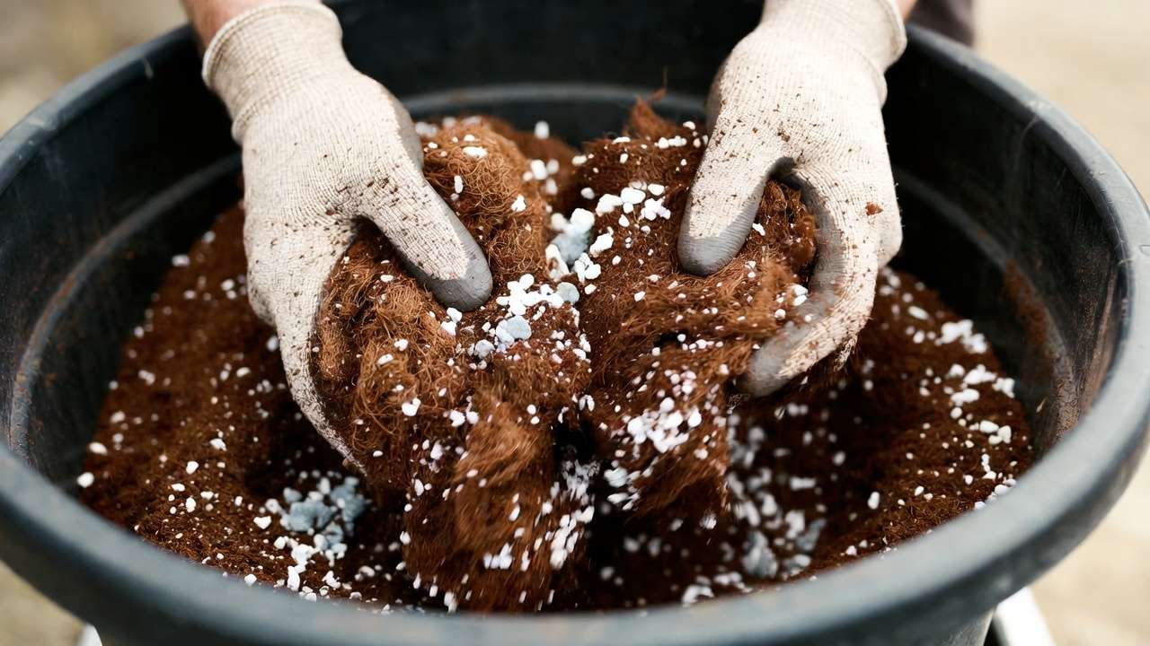 Gardener mixing coco coir, perlite, and vermiculite to create a homemade soilless seed starting mix