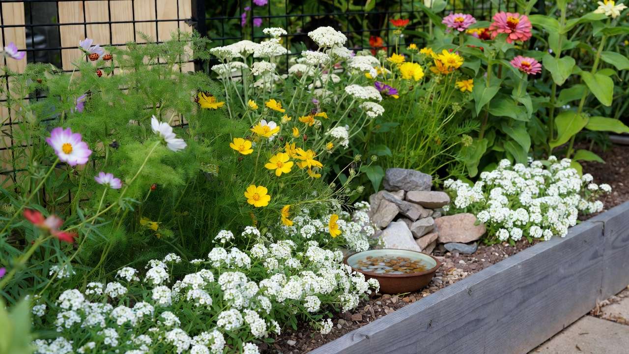 Layered insectary garden design with sweet alyssum, dill, cosmos, yarrow, and water feature for beneficial insects