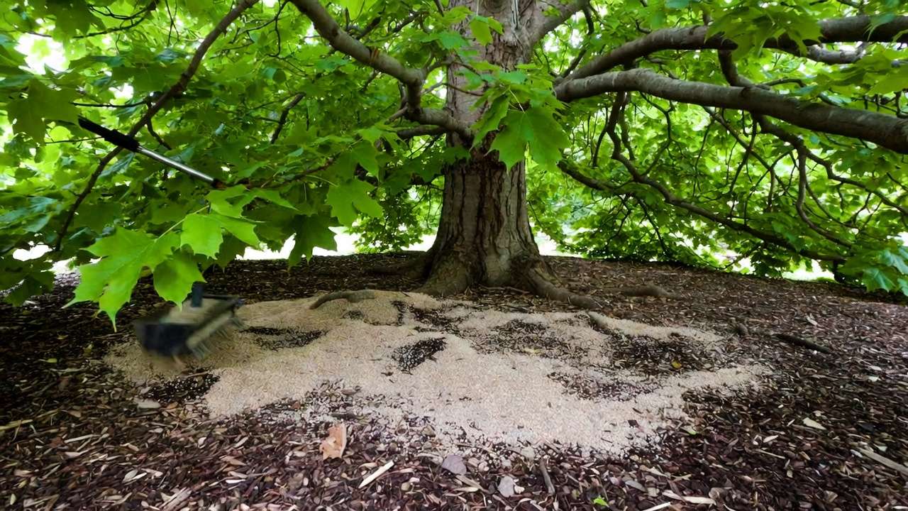 Applying slow-release granular fertilizer under mature maple tree canopy on mulched ground using broadcast method