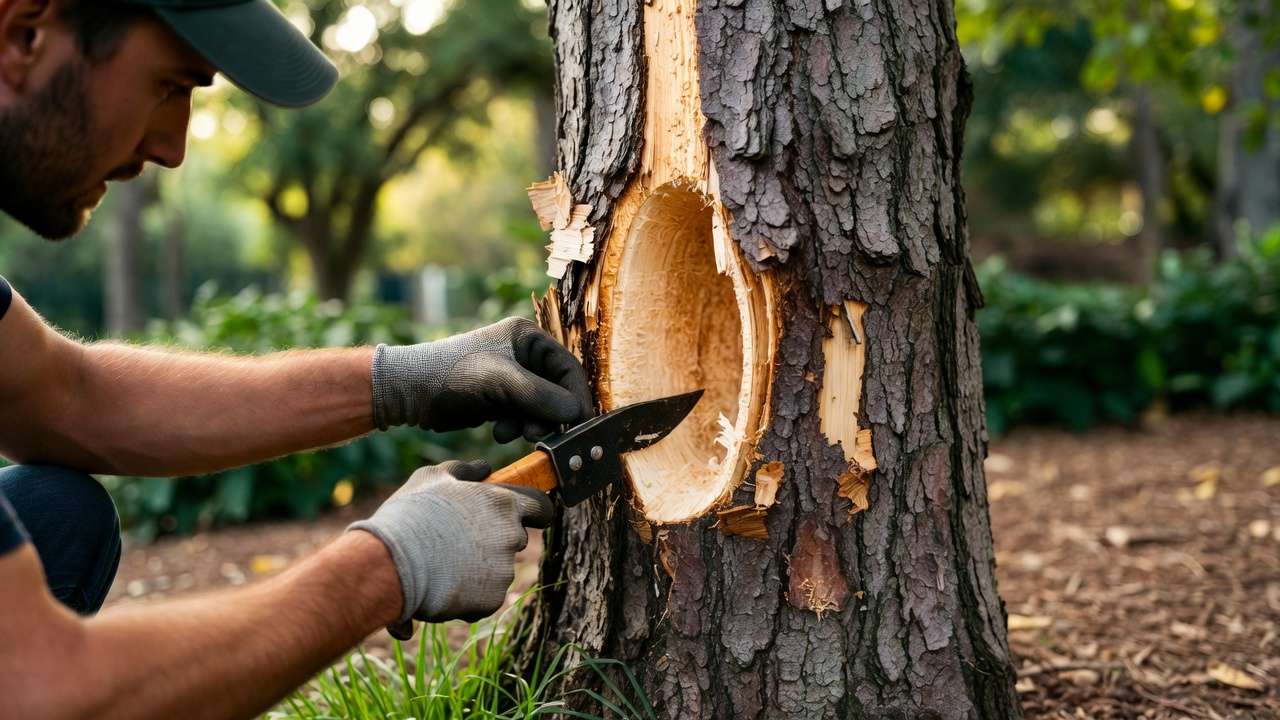 Arborist repairing damaged tree trunk by trimming torn bark after lawn equipment injury