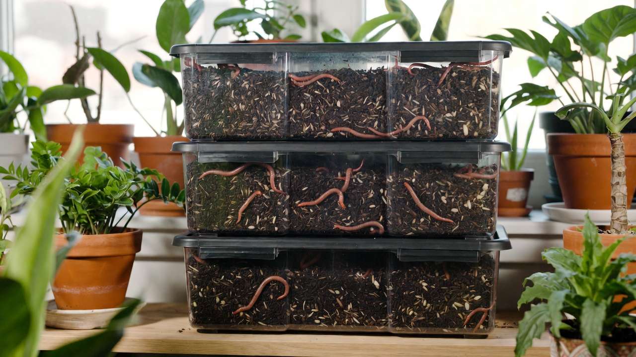 Indoor vermicomposting bin with red wiggler worms and houseplants in a home settin