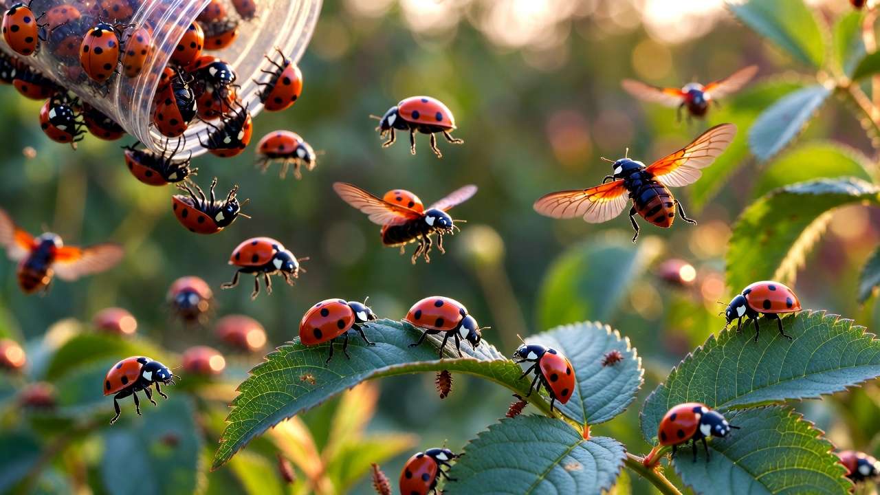 Releasing ladybugs at dusk onto aphid-infested plants for natural control