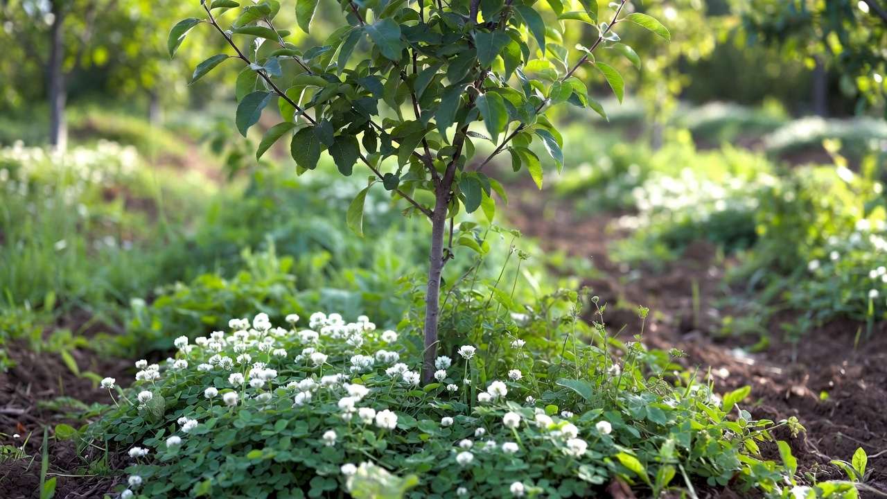 Fruit tree with clover living mulch cover crop for natural soil improvement and tree care