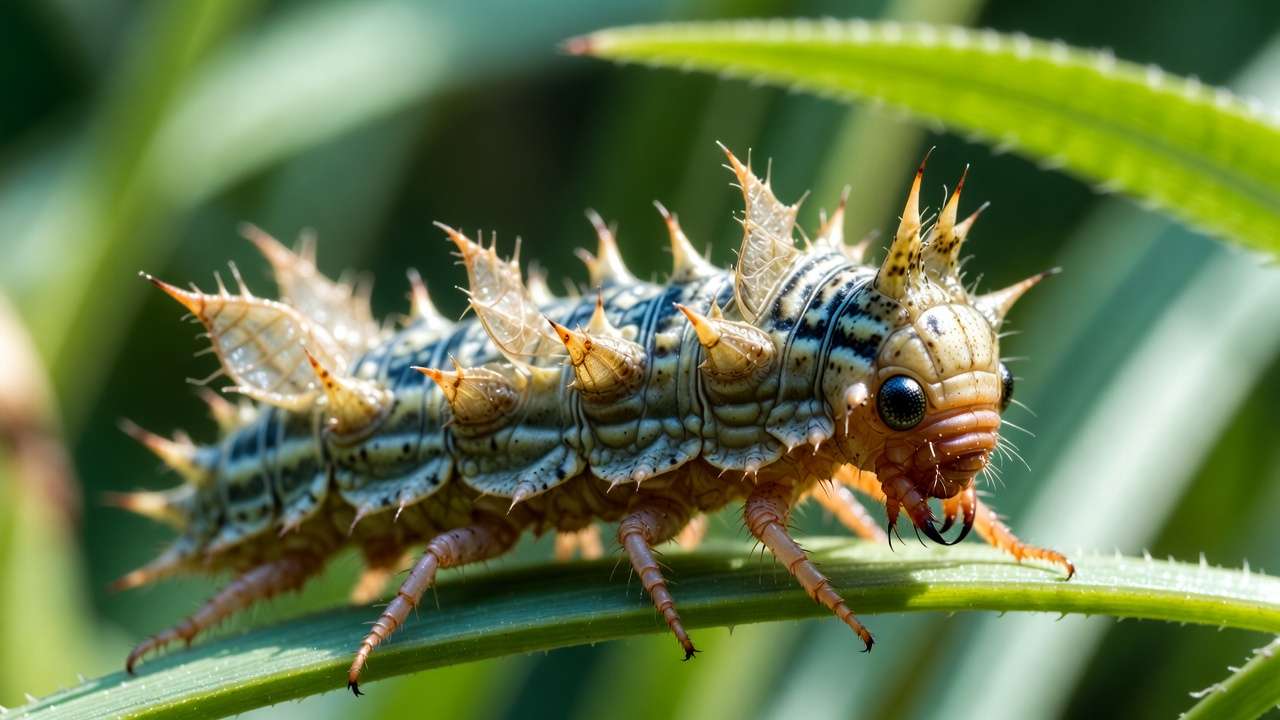 Lacewing larva disguised with aphid husks for camouflage while hunting in garden