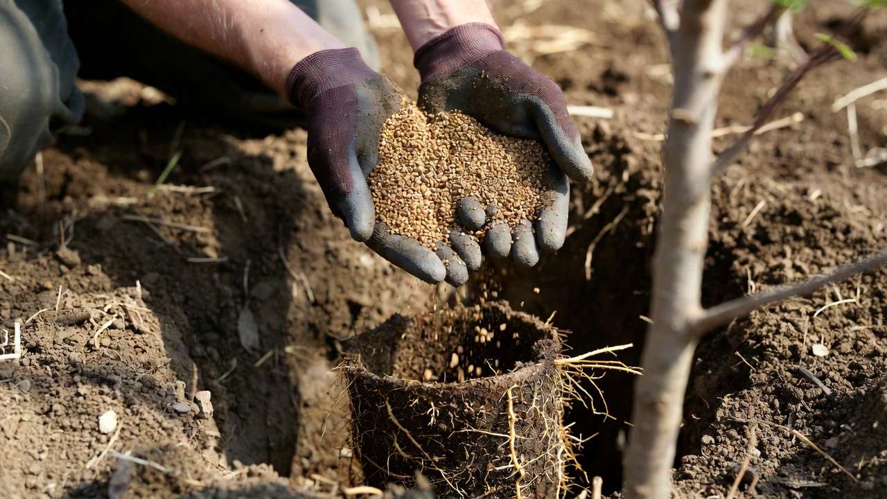 Gardener applying mycorrhizal fungi inoculant directly to tree roots during planting