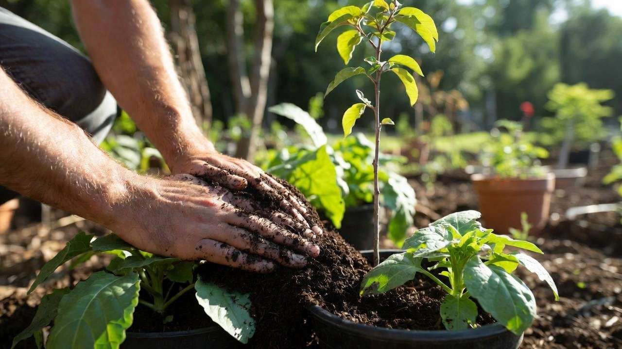 Hands top-dressing potted plants and tree with nutrient-rich vermicompost for better grow