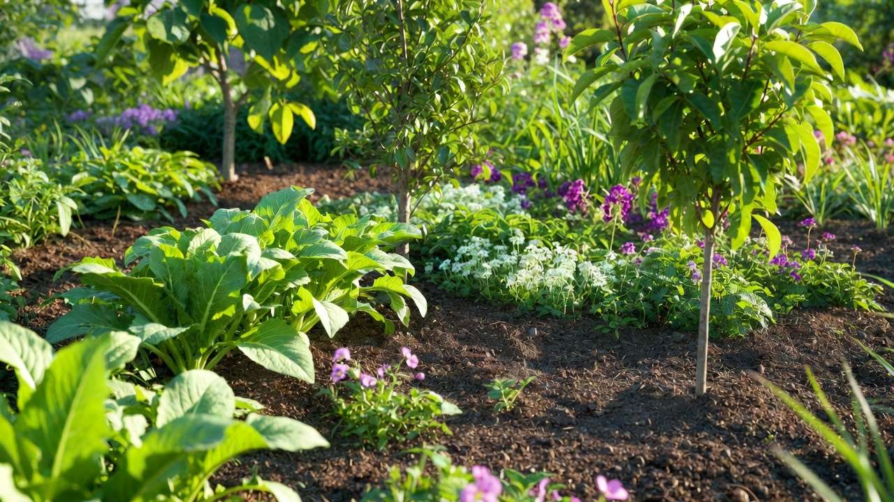 Thriving garden plants and fruit tree nourished with vermicompost