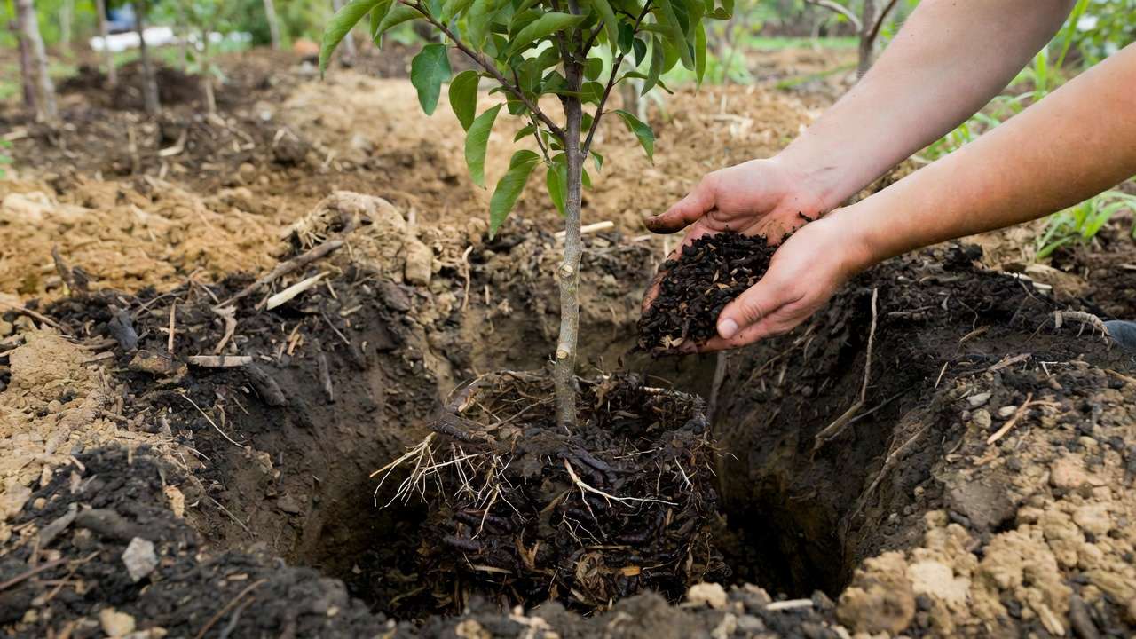 Planting a young fruit tree with worm castings and compost mixed into the soil