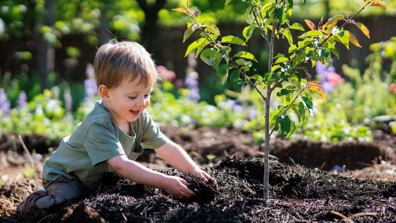 Child applying compost mulch around a young tree sapling to improve soil health and support strong root growth.