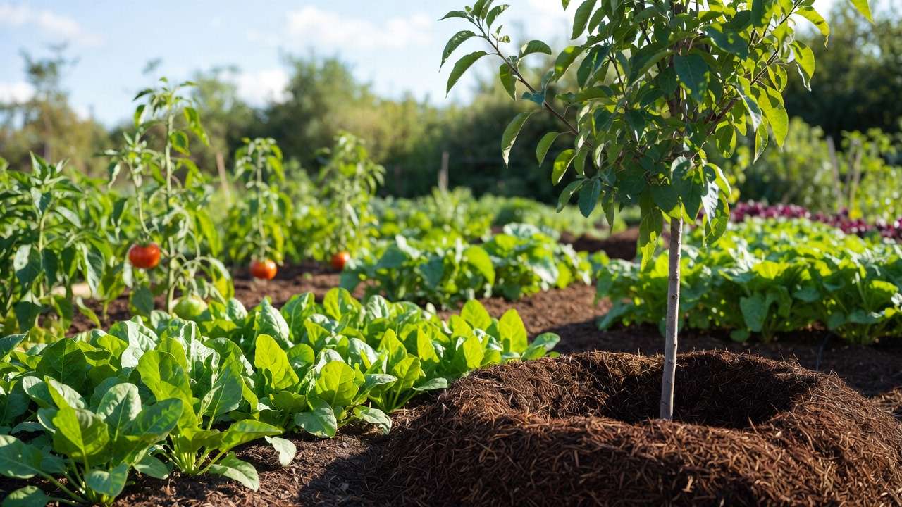 Healthy vegetable garden and fruit tree mulched with nutrient-rich homemade compost