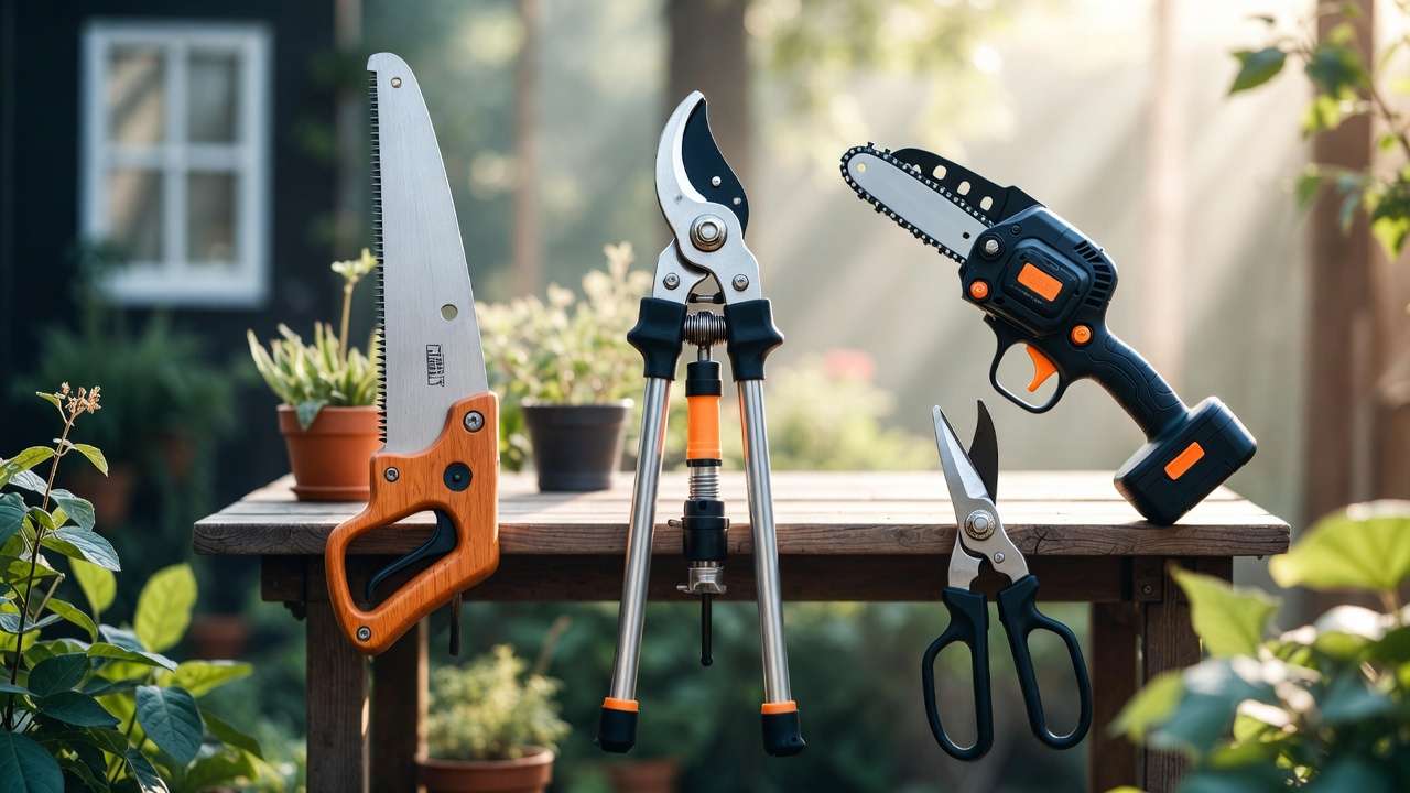 Assortment of pruning tools including hand saw and mini chainsaw for complete tree care
