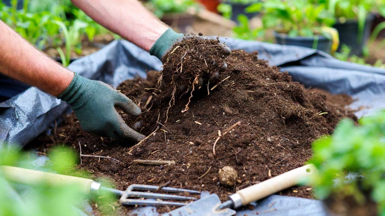 Gardener inspecting and cleaning old used potting soil on tarp for safe reuse