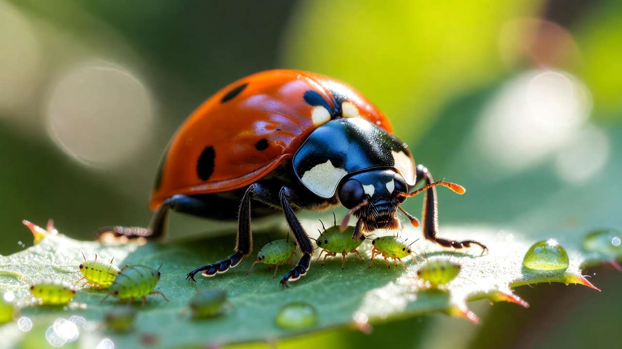 Ladybug naturally controlling aphids on plant leaf as part of biological pest management
