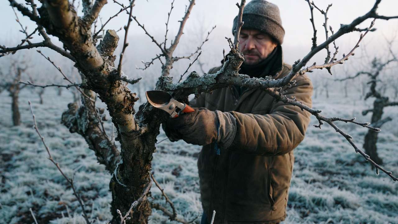 Dormant apple tree being pruned in late winter for healthy structure