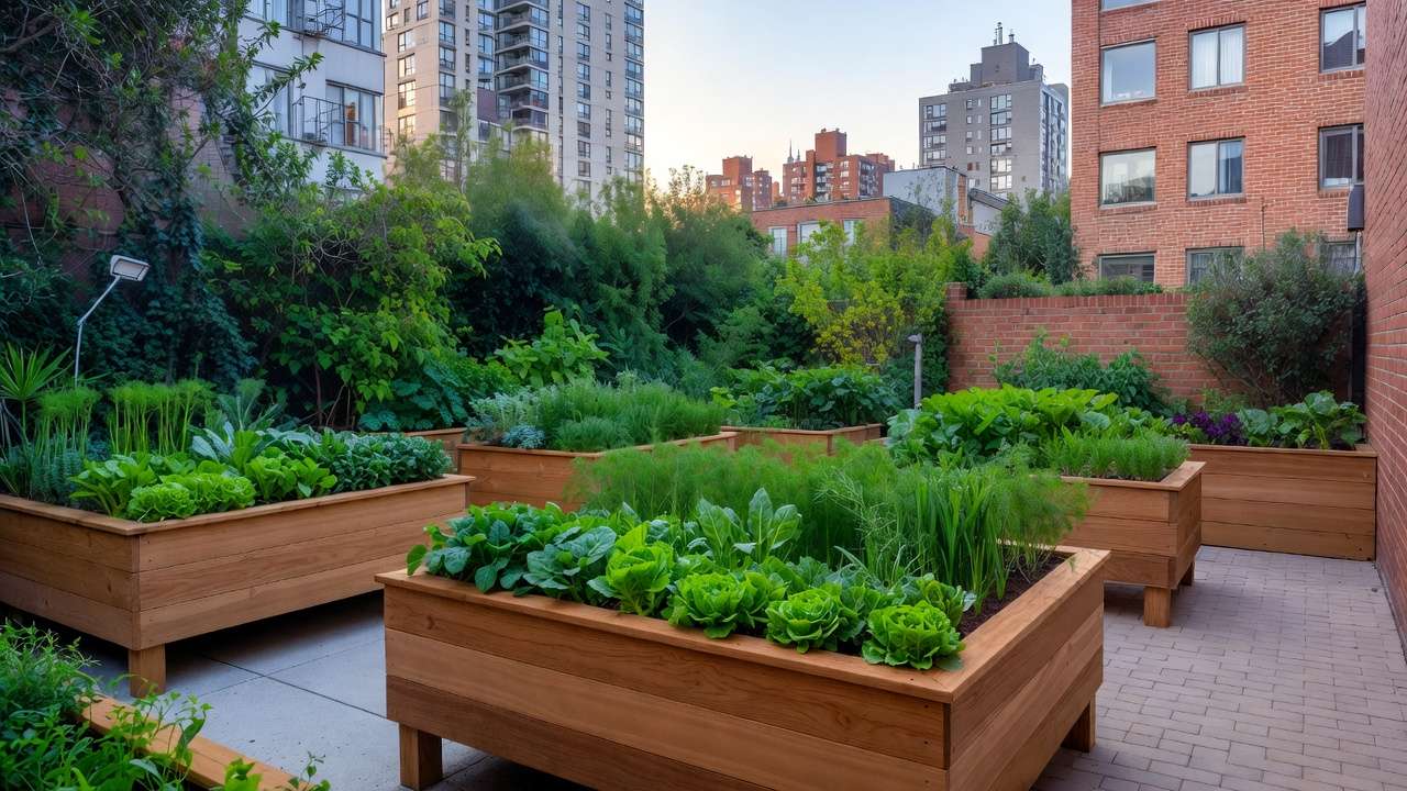 Wooden raised garden beds thriving with vegetables in a small urban backyard surrounded by city buildings