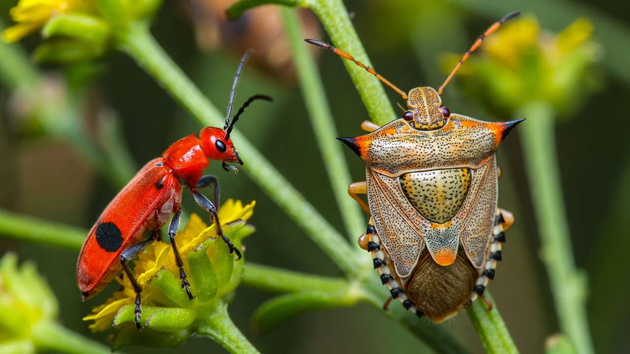 Close-up of soldier beetle and spined soldier bug on plants showing identification featur