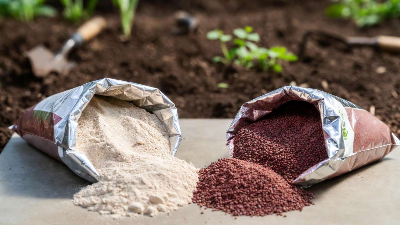 Side-by-side view of bone meal and blood meal powders spilled from bags in a garden setting