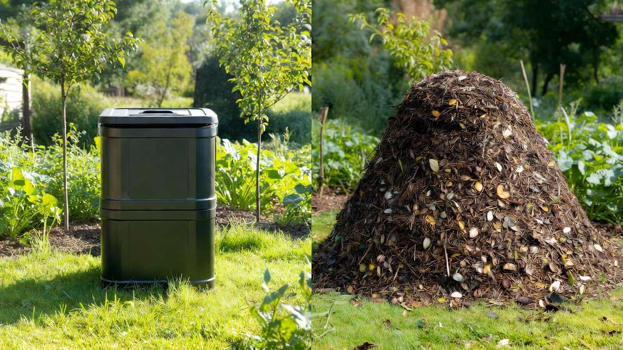 Side-by-side comparison of compost bin and open compost pile in garden setting