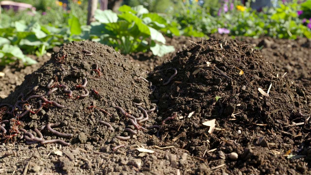Side-by-side comparison of worm castings and traditional compost piles in a garden setting