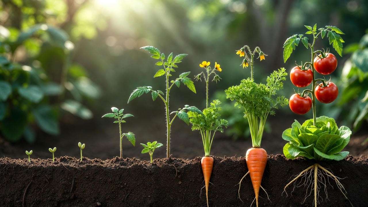 Realistic 3D visualization of vegetable plants FBX growth stages including tomato, carrot, and lettuce from seedling to harvest.