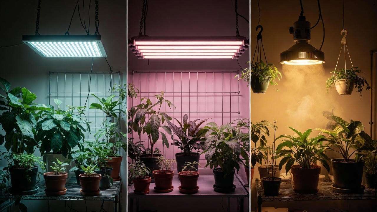 Comparison of LED fluorescent HID grow lights for indoor lemon trees pros cons.