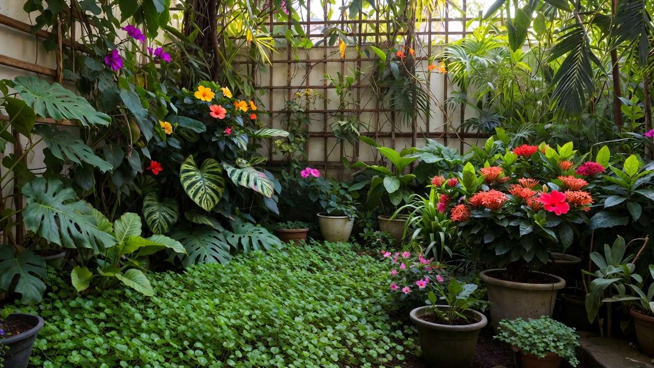 Layered vertical planting in small garden with ground cover shrubs climbers pots native tropical plants for biodiversity habitat
