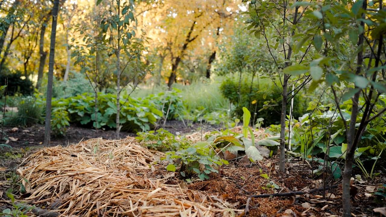Organic garden mulched with leaf mold supporting healthy plants and trees