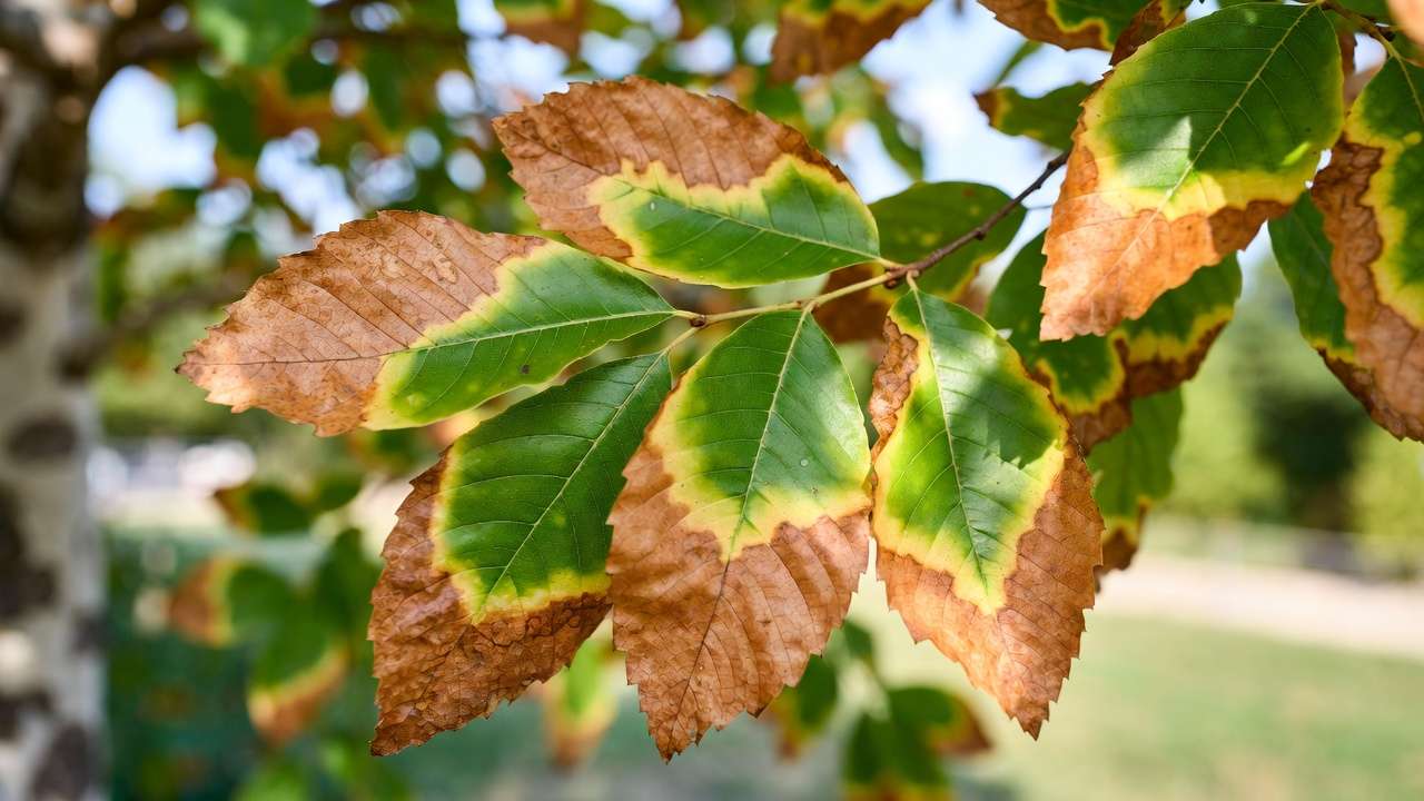 Leaf scorch on tree showing brown scorched margins with green center in summer heat