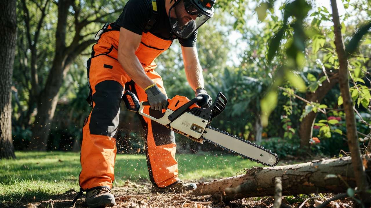 Home gardener wearing chainsaw chaps and protective boots while using a battery chainsaw for safe tree limb removal