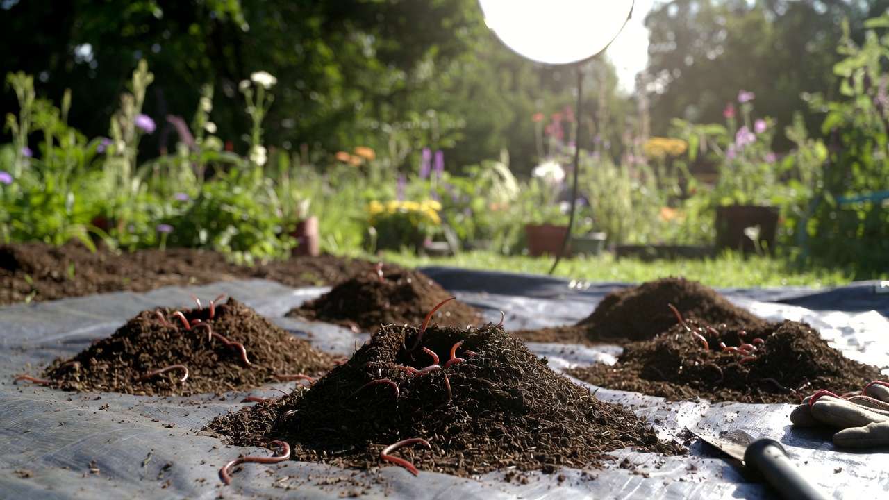 Close-up of light harvesting method for separating red wiggler worms from vermicompost piles on a tarp in a garden.
