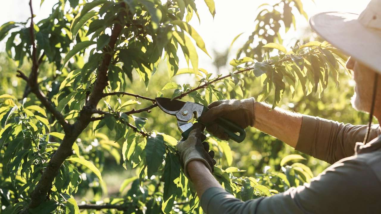 Summer pruning of peach tree removing water sprouts for better fruit productio