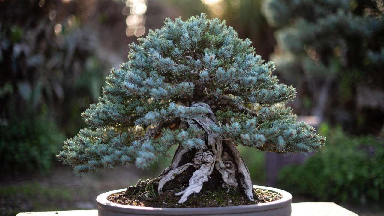 Mature refined Colorado blue spruce bonsai tree with dense blue foliage