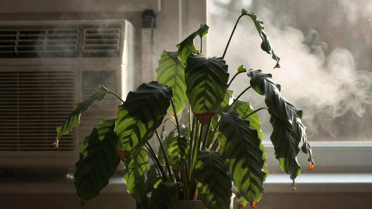Houseplant showing brown crispy edges and wilting from low indoor humidity