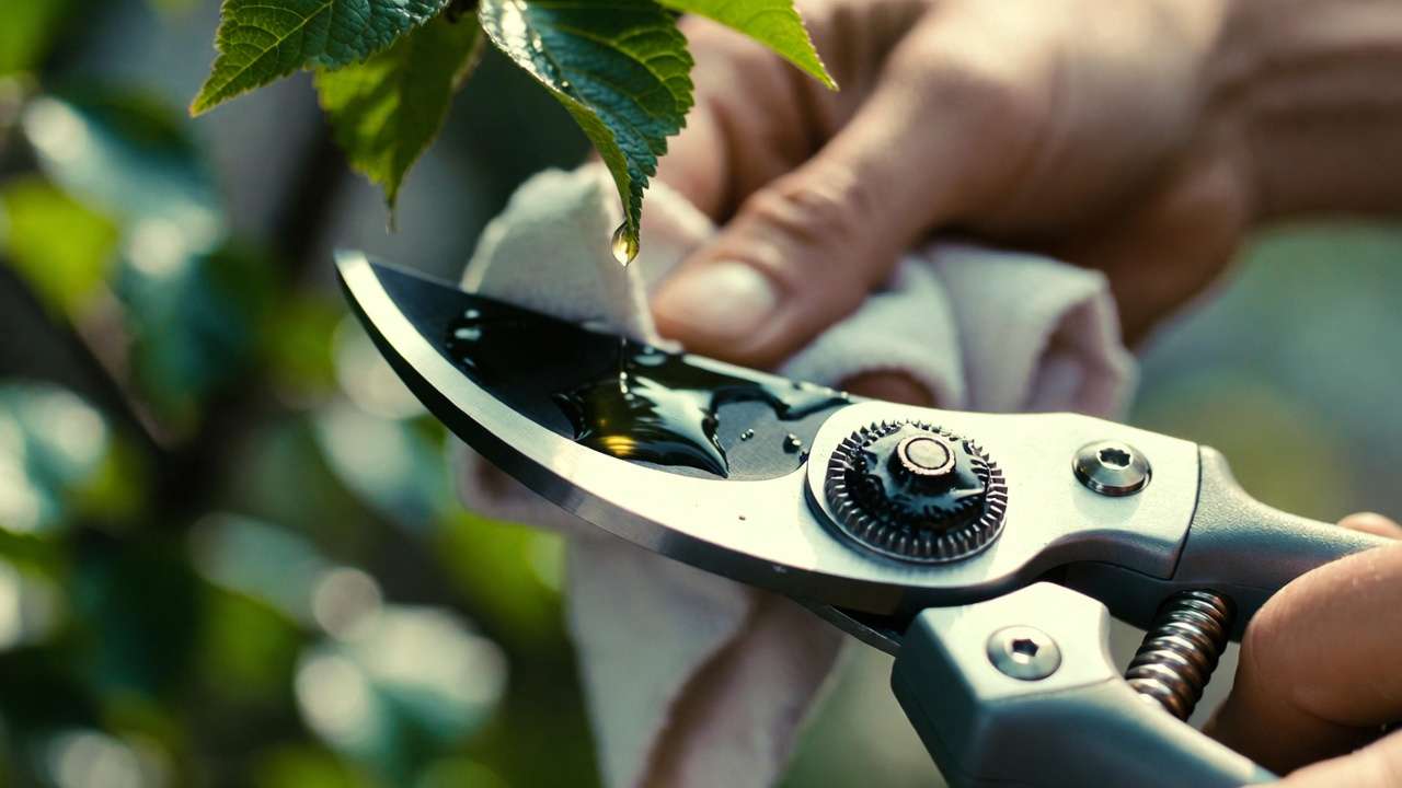Applying oil to pruning shears after sterilization to prevent rust and maintain tool longevity.