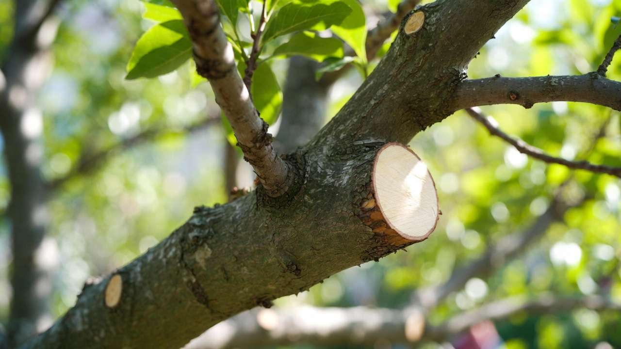 Close-up of correct branch collar cut for safe crown reduction tree pruning