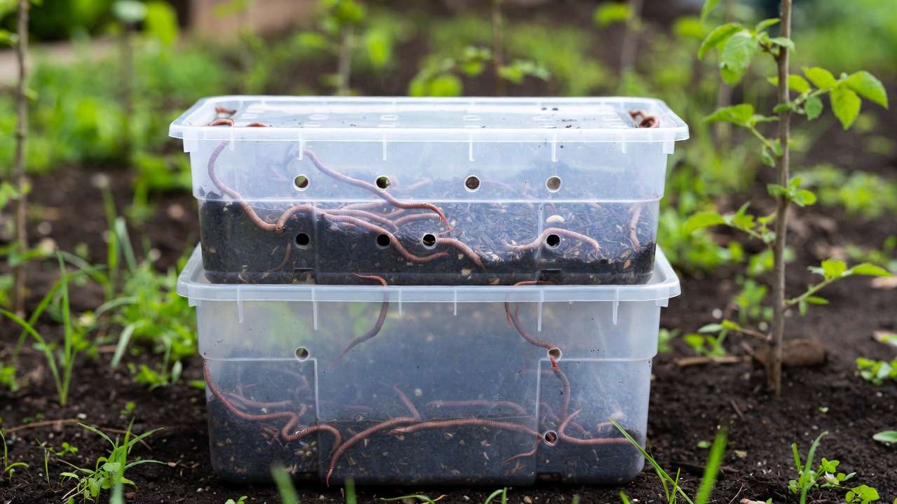 Two stacked plastic totes set up as a DIY vermicomposting bin with red wiggler worms and bedding