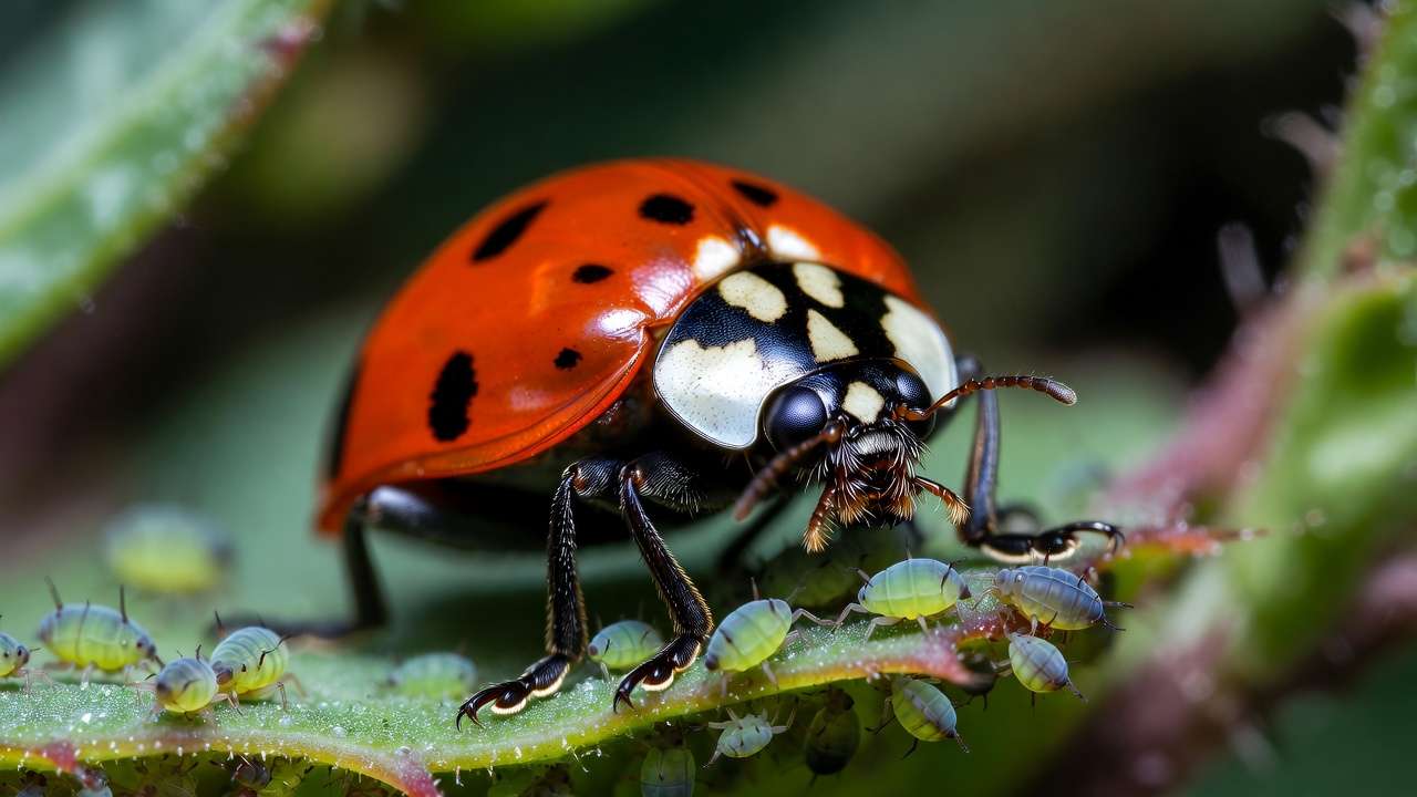 Ladybug actively eating aphids on plant leaf natural pest control