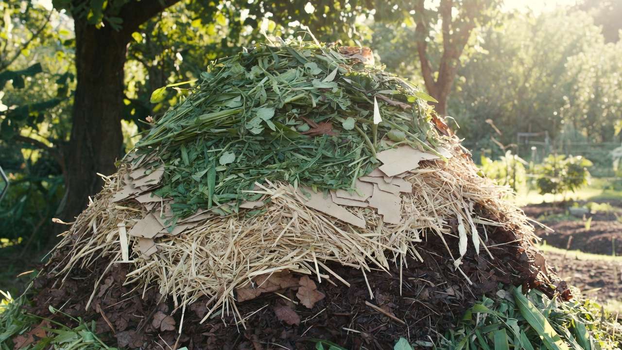 Layered hot compost pile with weeds and brown materials being built for safe decomposition