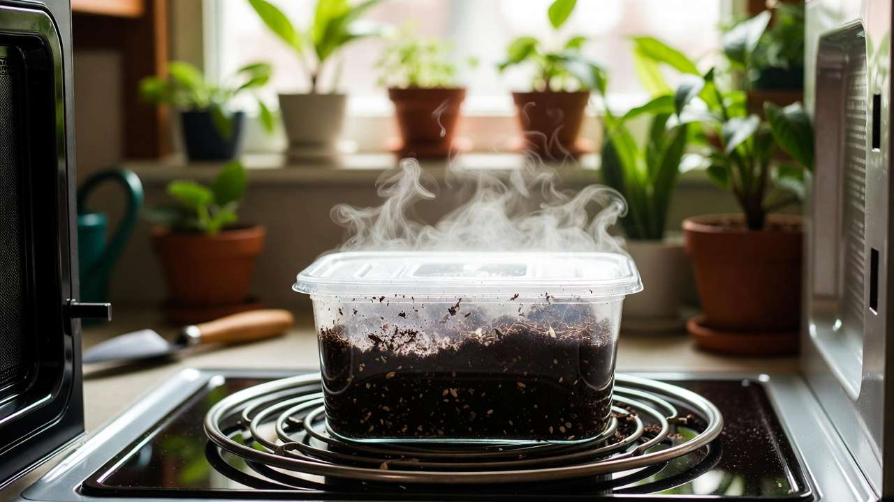 Microwave sterilization of homemade potting mix in kitchen with steam rising