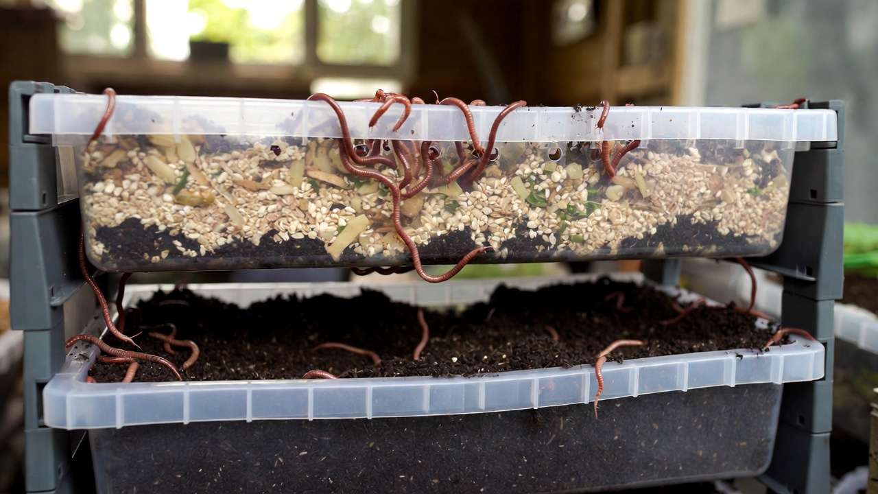 Vertical migration in stackable worm bins allowing worms to move upward for easy vermicompost harvesting.