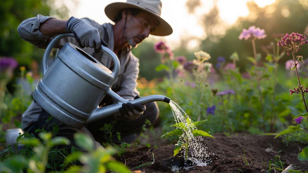 Applying beneficial nematodes to garden soil using watering can for natural pest control
