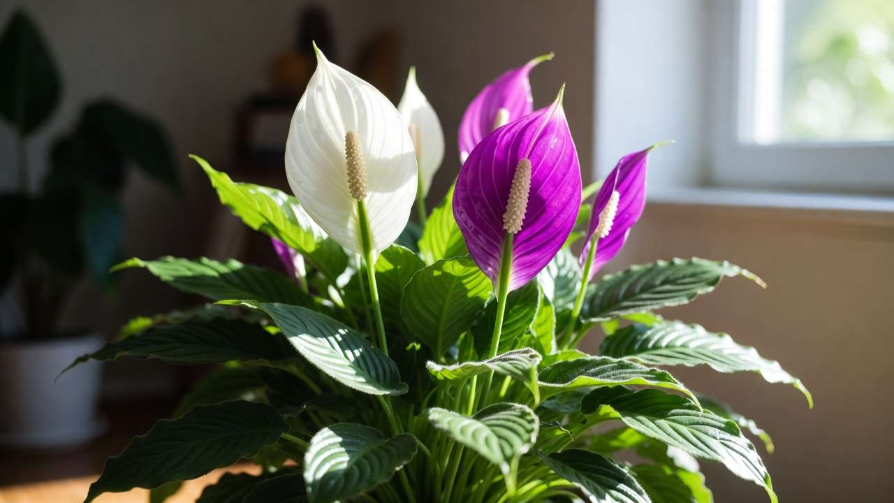 Vibrant blooming peace lily or African violet thriving after using seaweed fertilizer for indoor plants