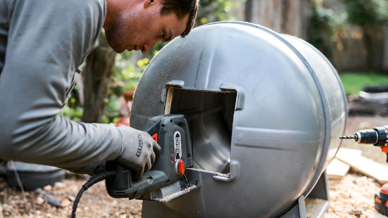 Person cutting access door in plastic drum while building DIY compost tumbler