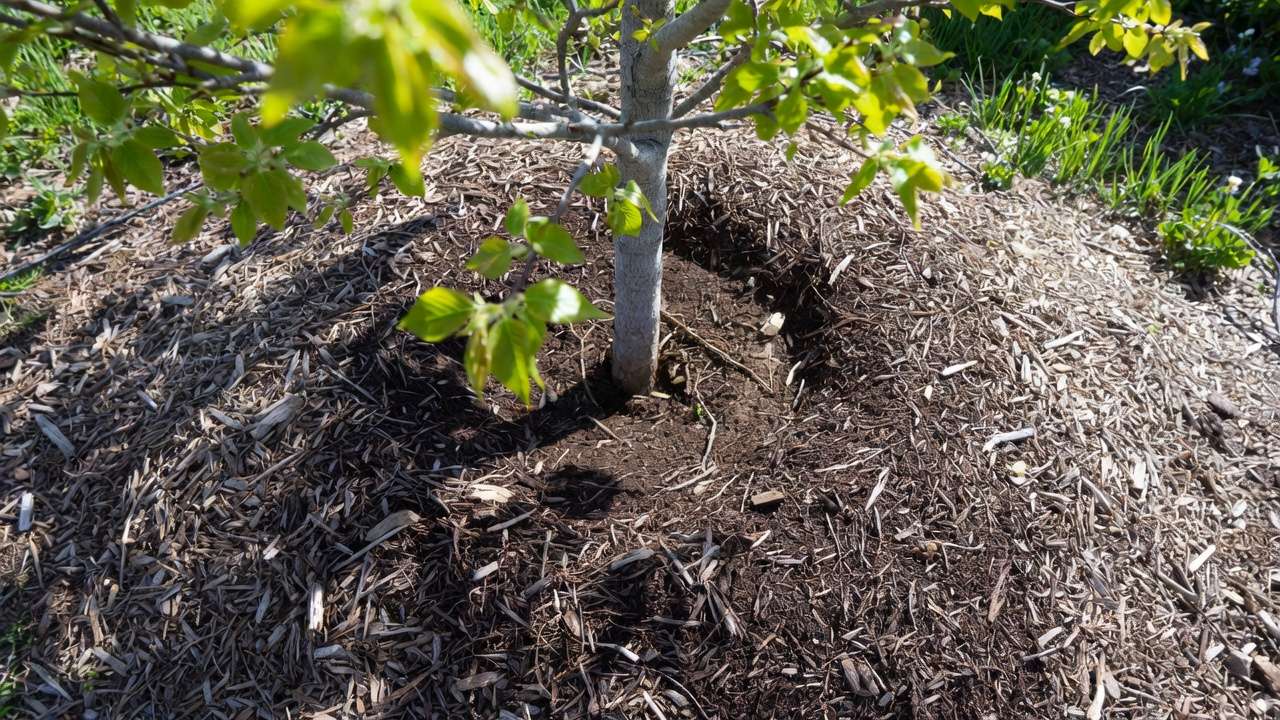 Correct mulching ring around tree base showing root flare in spring landscap