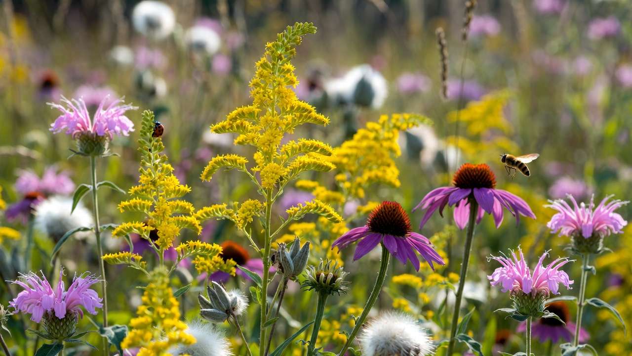 Native wildflowers including goldenrod, coneflower, bee balm, and milkweed supporting beneficial insects