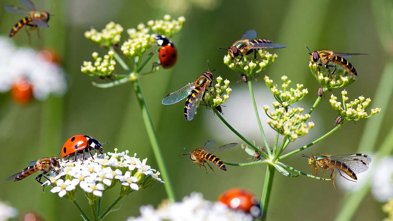 Beneficial insects like ladybugs and hoverflies on yarrow and dill flowers controlling garden pests naturally in a pollinator-friendly yard